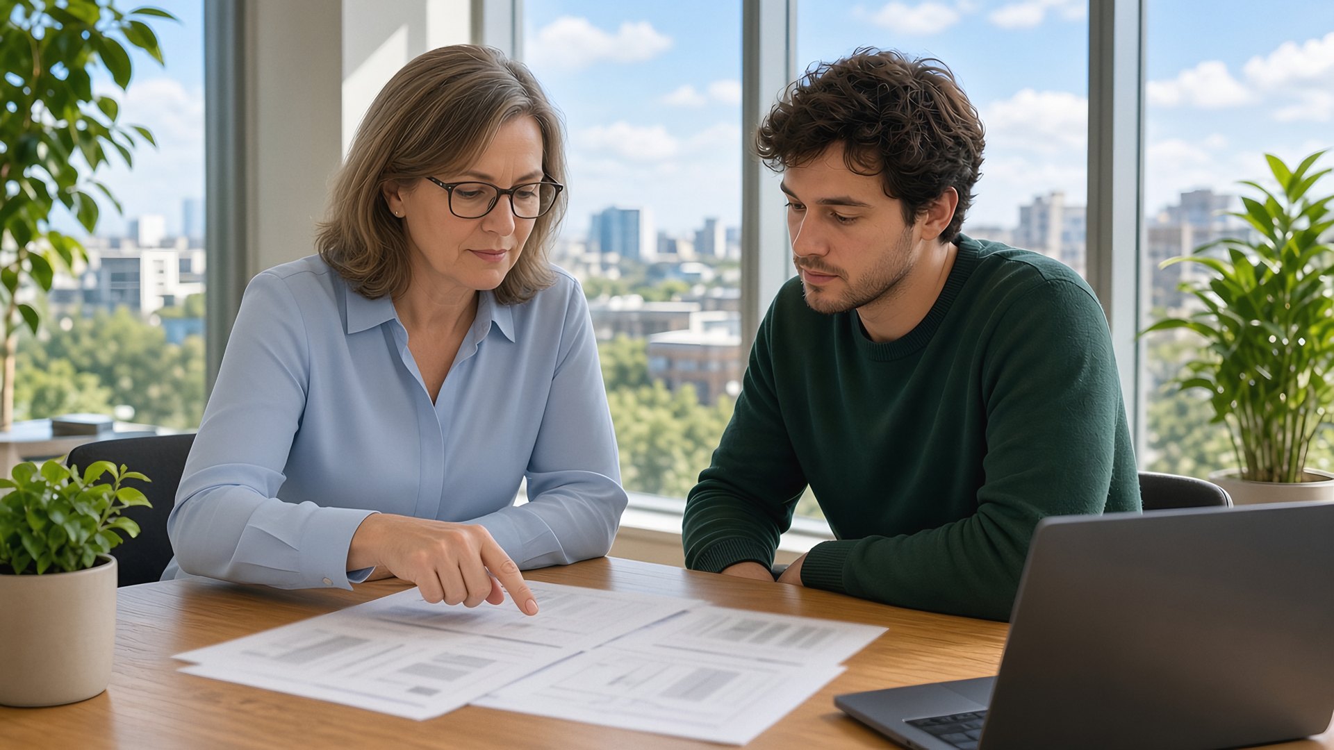 A risk analyst in glasses and an engineer review printed reports at a desk by a bright window with plants and the city outside