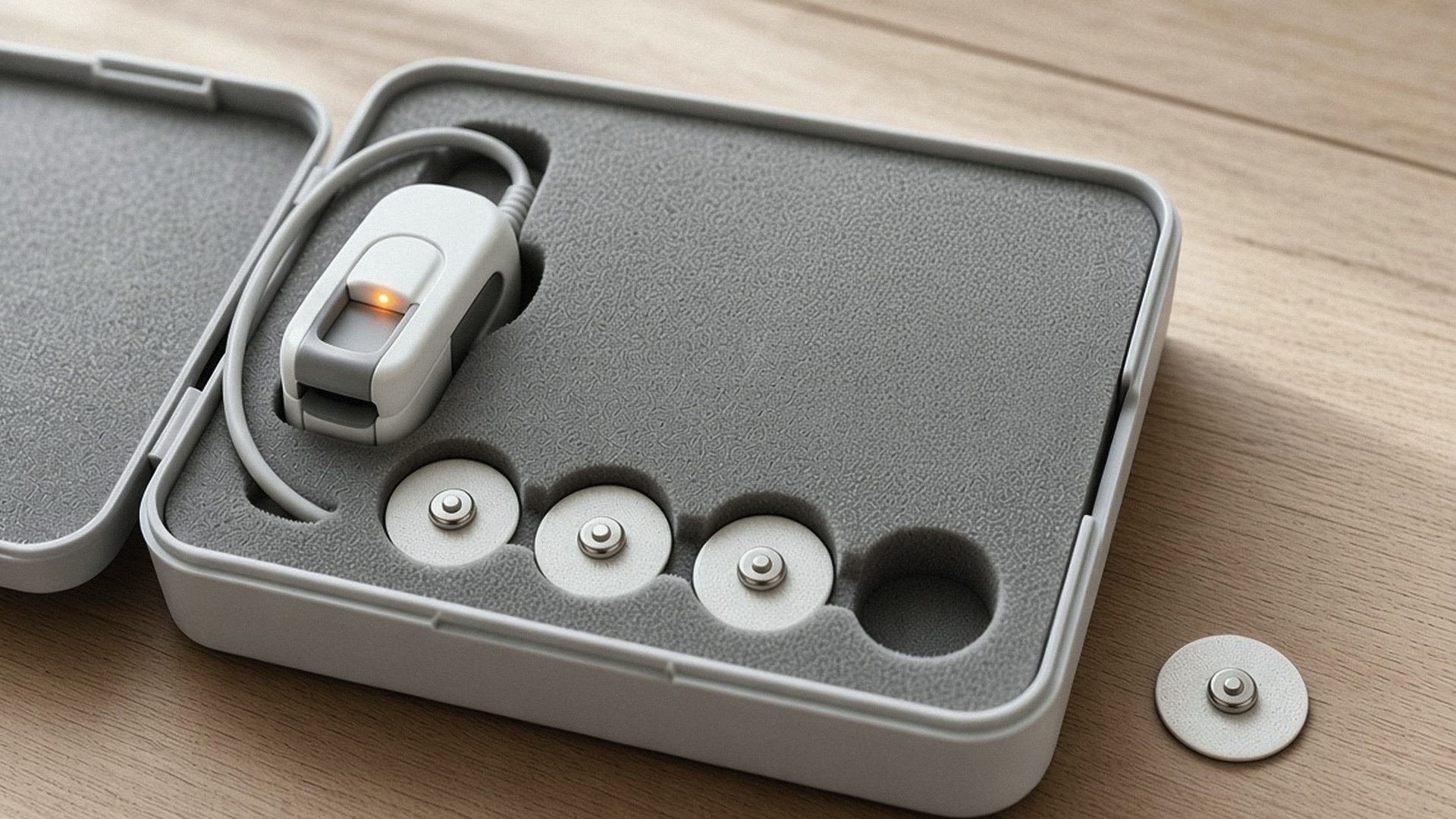 Medical device kit with a pulse oximeter clip and ECG snap electrodes, one electrode set beside its empty slot
